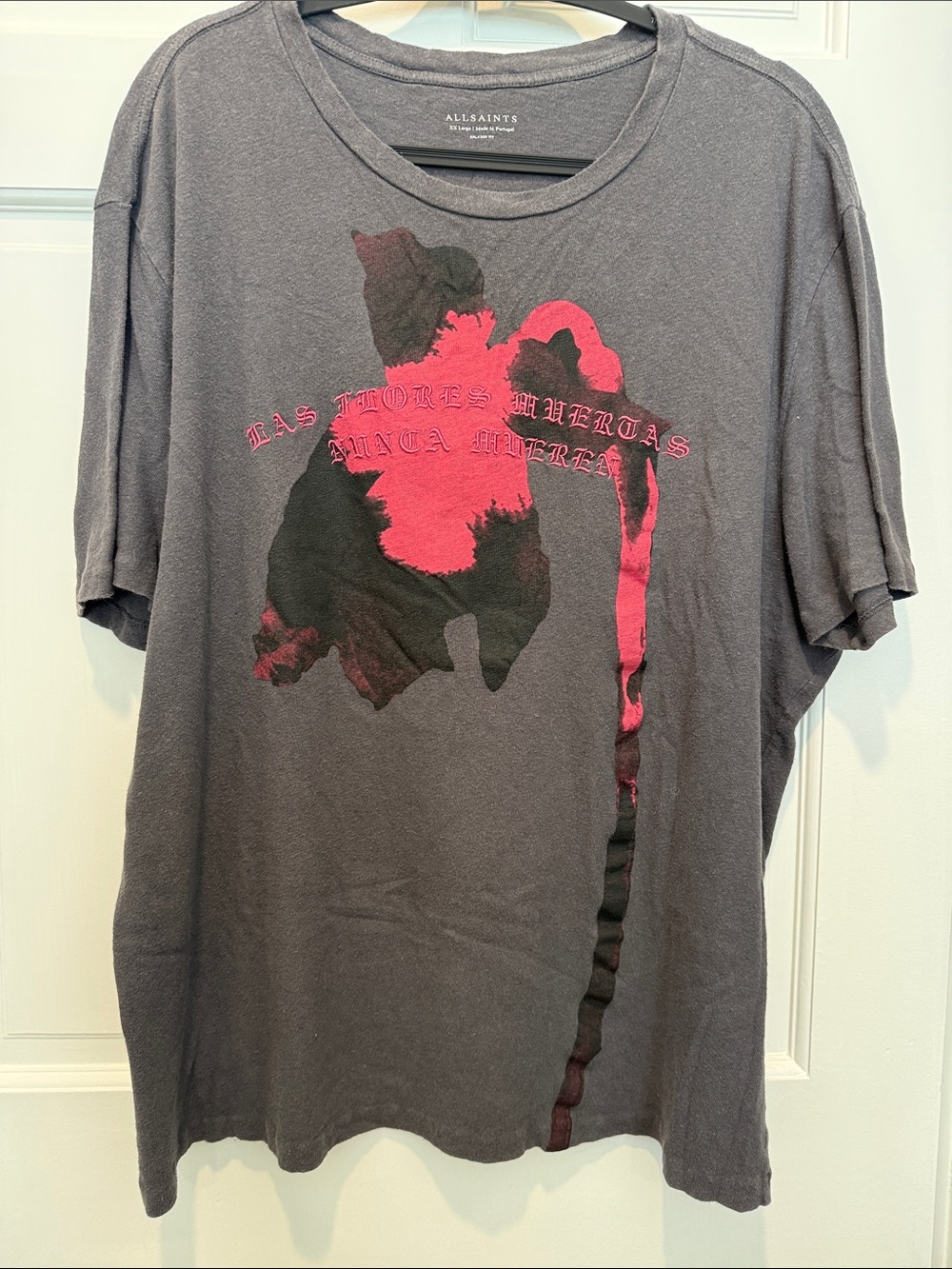 All Saints Charcoal Short-Sleeve Tee with Red Graphic and Embroidered Text